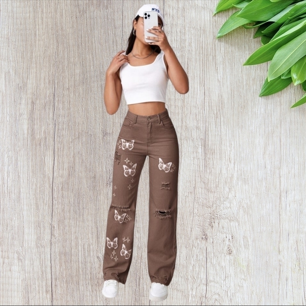 SHEIN EZwear Bleach Wash Ripped Detail Butterfly Jeans Sz 8/10 Mocha Brown - Picture 3 of 7